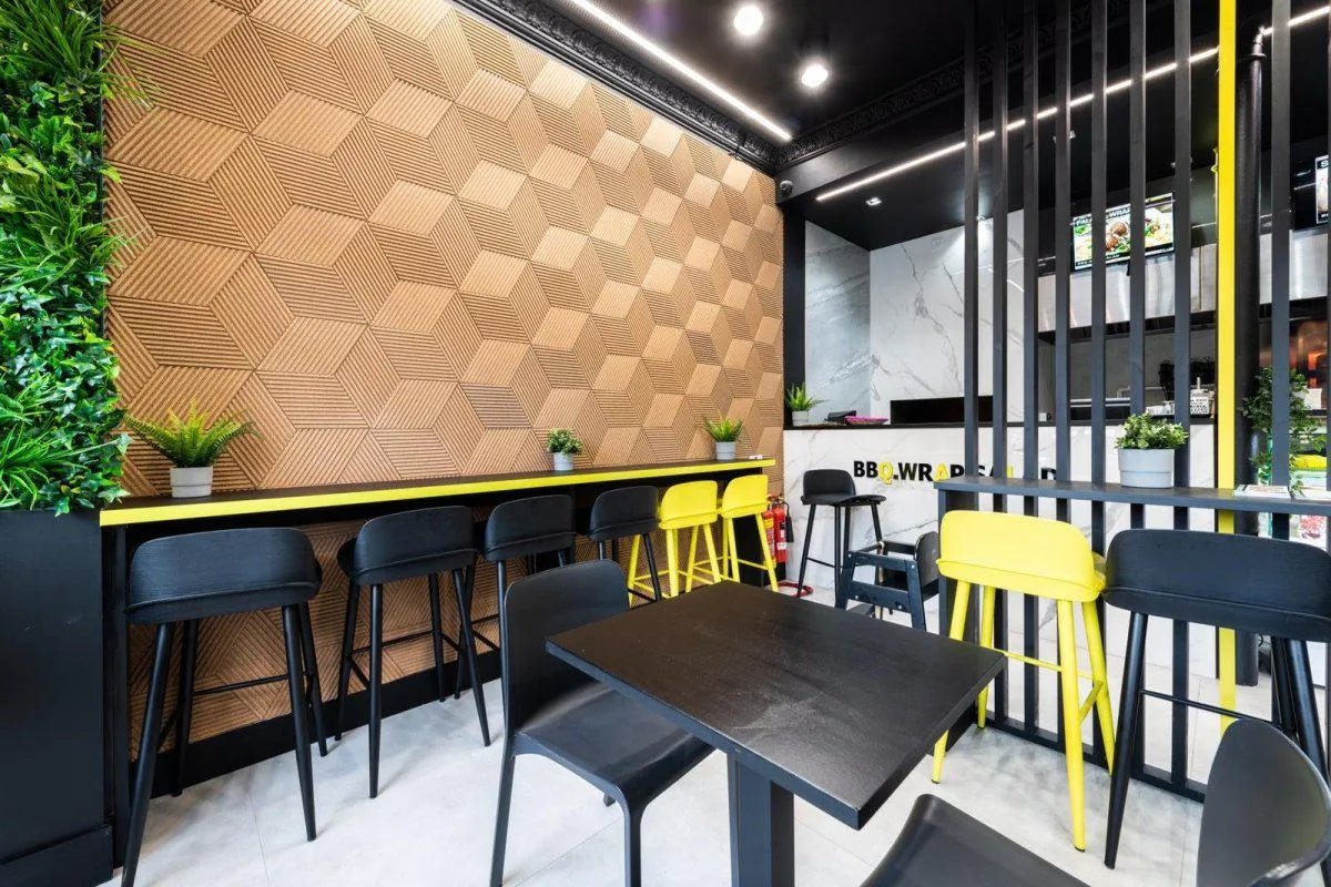 DIAMOND STRIPE 3D Cork Acoustic Wall Panels in restaurant interior DecorMania.eu