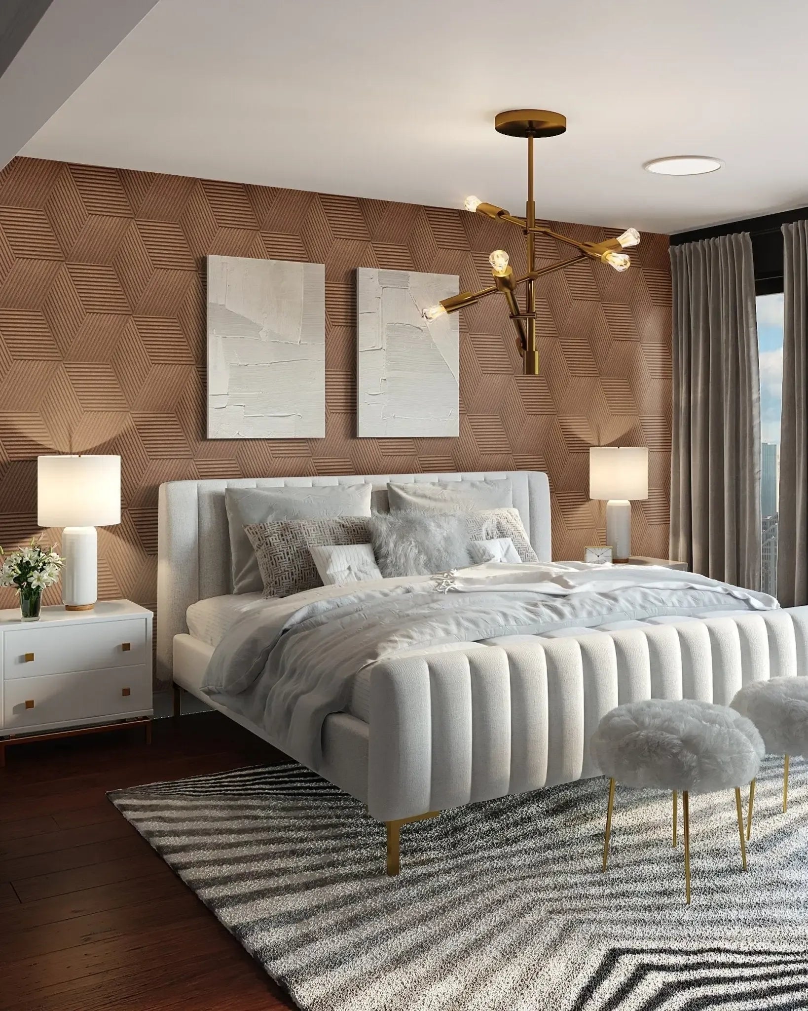 DIAMOND STRIPE 3D Cork Acoustic Wall Panels in bedroom interior DecorMania.eu