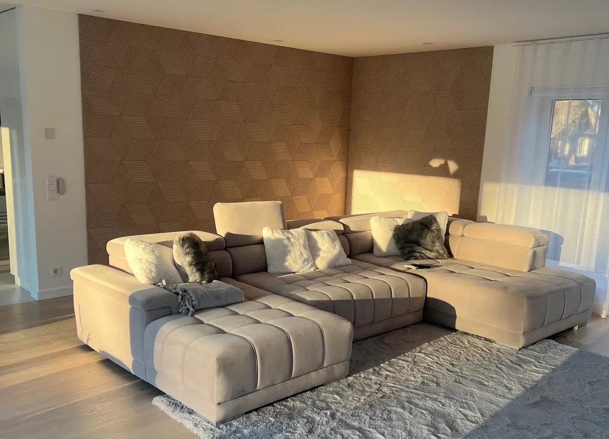 DIAMOND STRIPE 3D Cork Acoustic Wall Panels accent wall in living room interior DecorMania.eu