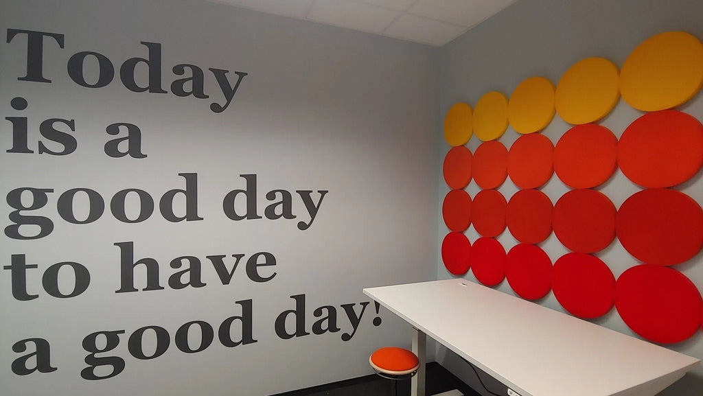 DOT L Soft Acoustic Wall Panel - 3D Wall Panels orange and hot red composition in grey interior DecorMania.eu
