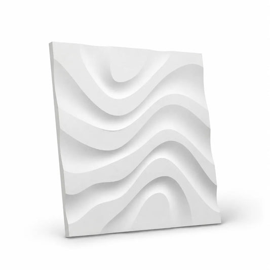 White 50 × 50 cm gypsum wall panel with a layered flowing-wave relief, shown at an angle on a white background with a soft natural shadow