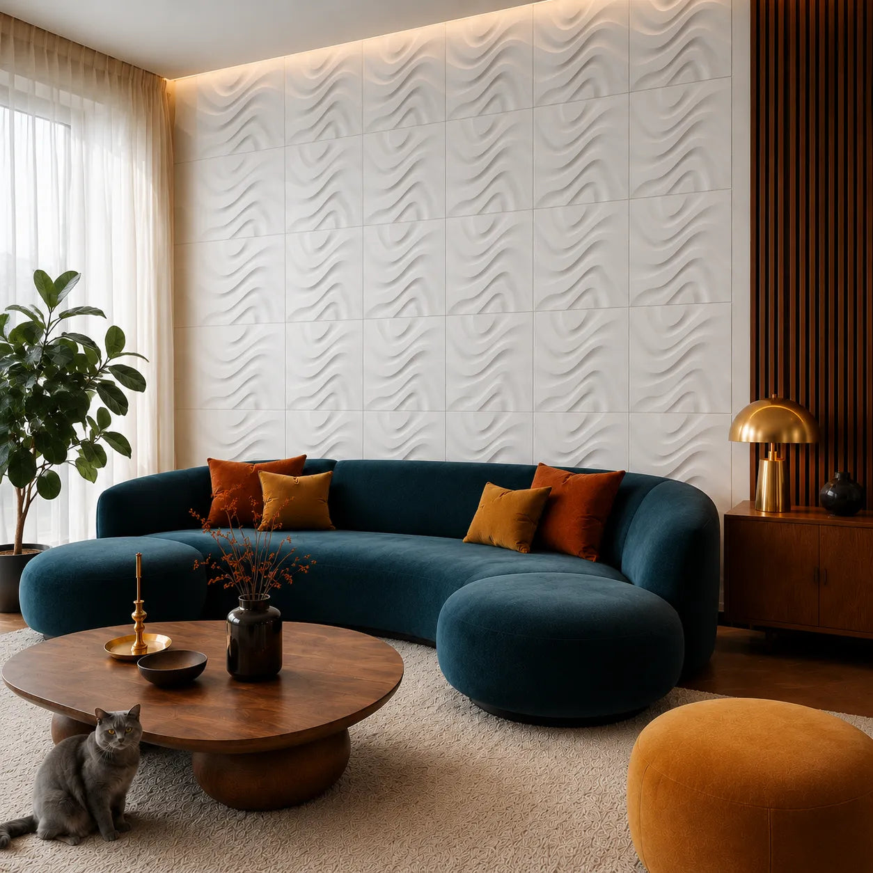Modern living room featuring white 3D gypsum wall panels with a flowing Dry Stream pattern, a curved petrol-blue sofa, warm orange accents, and a grey cat.