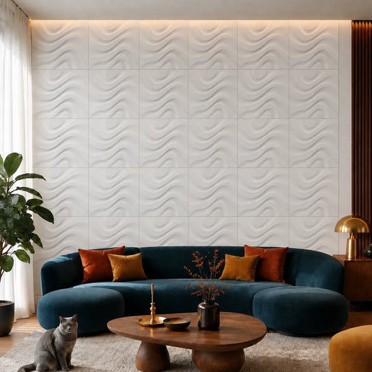 Front view of a stylish living room with a regular grid of white wave-patterned gypsum wall panels, a petrol-blue sofa, wooden furniture, and a grey cat