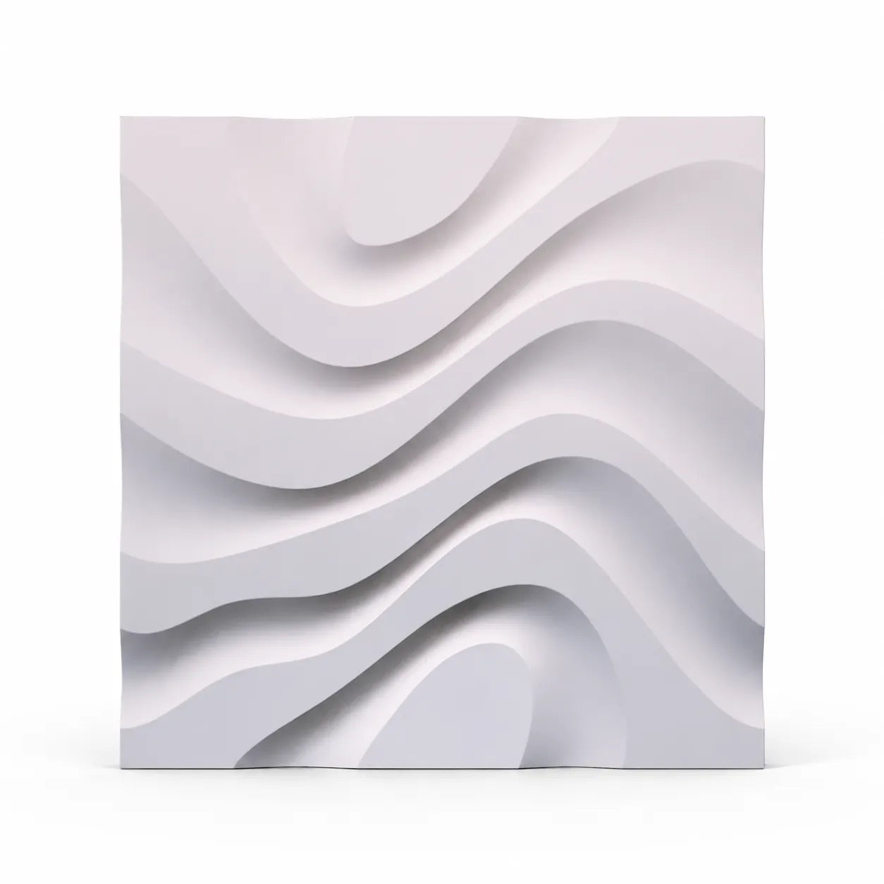 Front view of a single white 50 × 50 cm gypsum wall panel with a layered Dry Stream wave pattern, displayed on a white background with a soft shadow