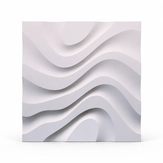 Front view of a single white 50 × 50 cm gypsum wall panel with a layered Dry Stream wave pattern, displayed on a white background with a soft shadow