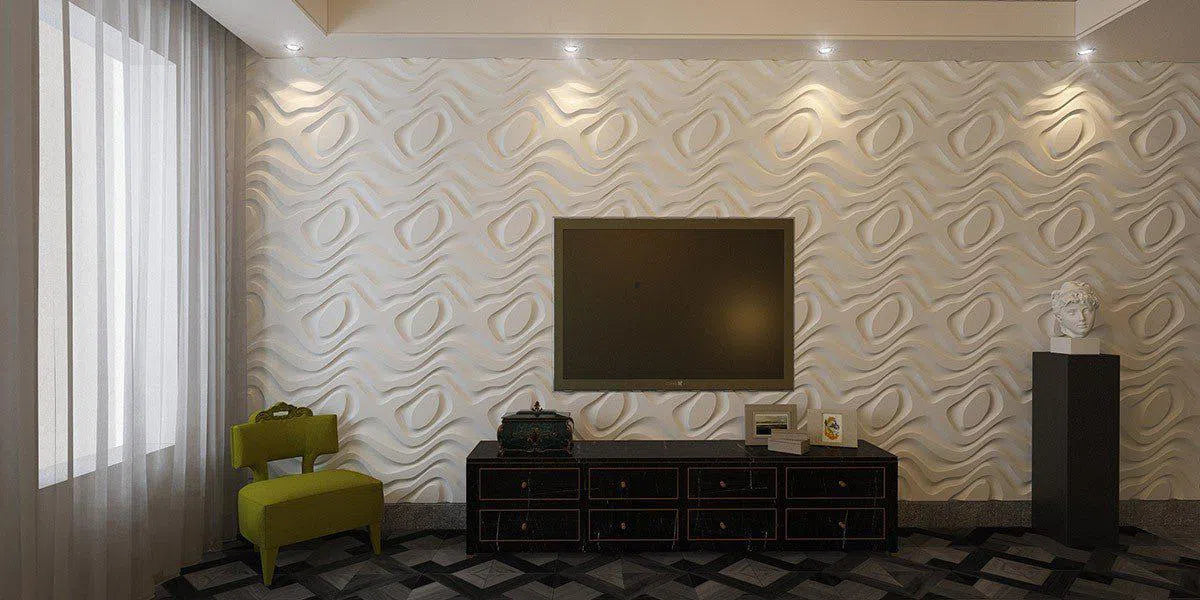 DRY STREAM Gypsum 3D Wall Panels in living room interior DecorMania.eu