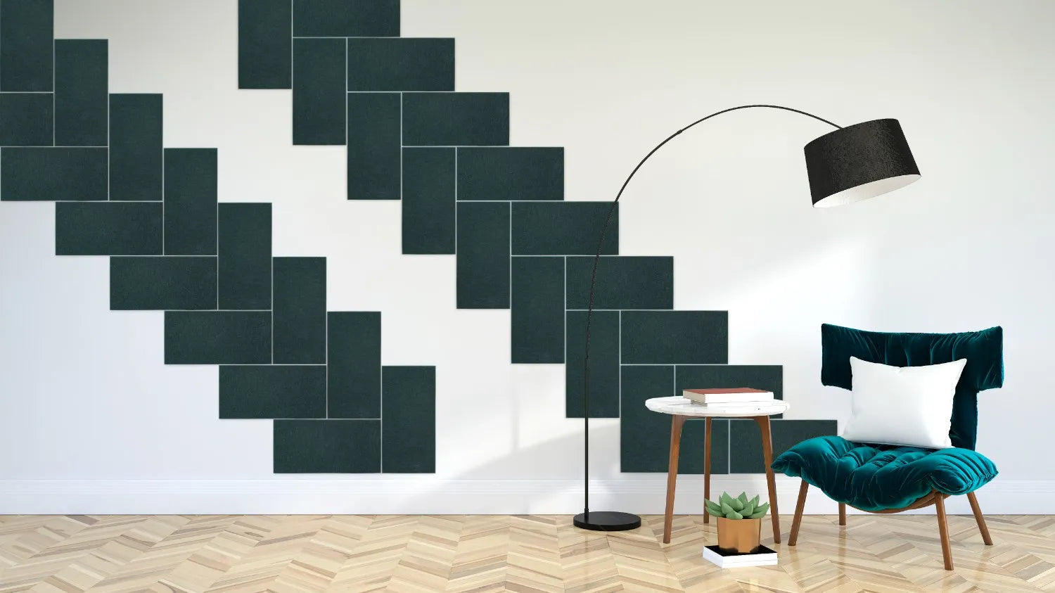 Decorative 3D PET Felt Wall Tiles - RECTANGLE 40x20 in white interior with armchair Decormania.eu