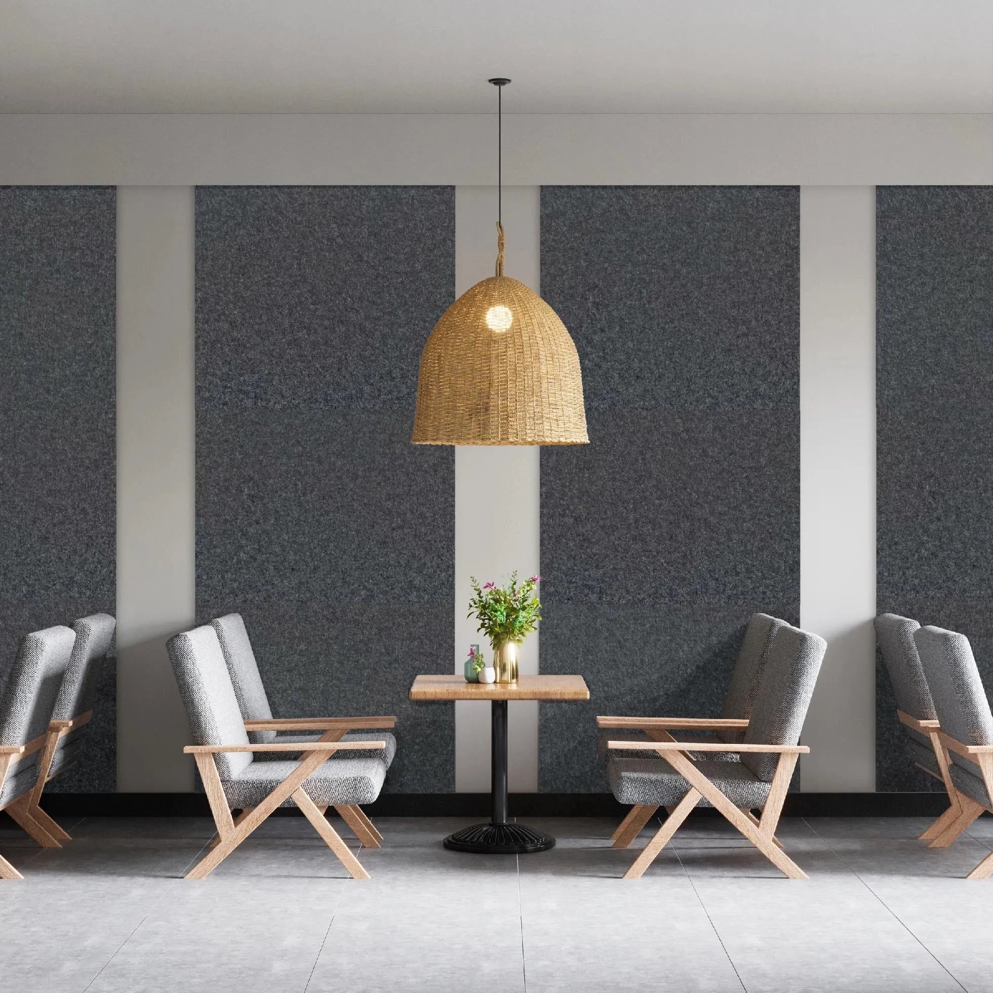 Decorative 3D PET Felt Wall Tiles - RECTANGLE 80x60 in grey interior with dining tables background Decormania.eu