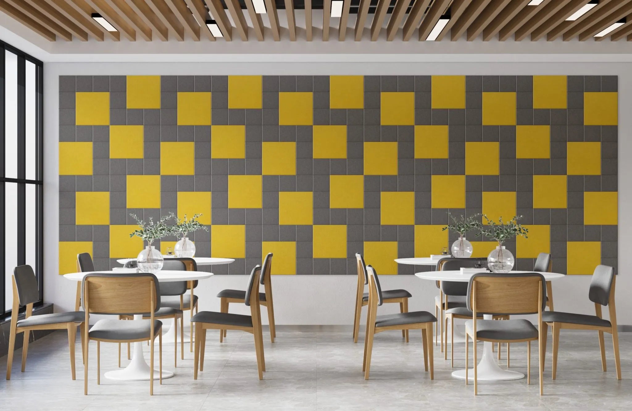 Decorative 3D PET Felt Wall Tiles - SQUARE 20x20 feature wall in restaurant interior Decormania.eu