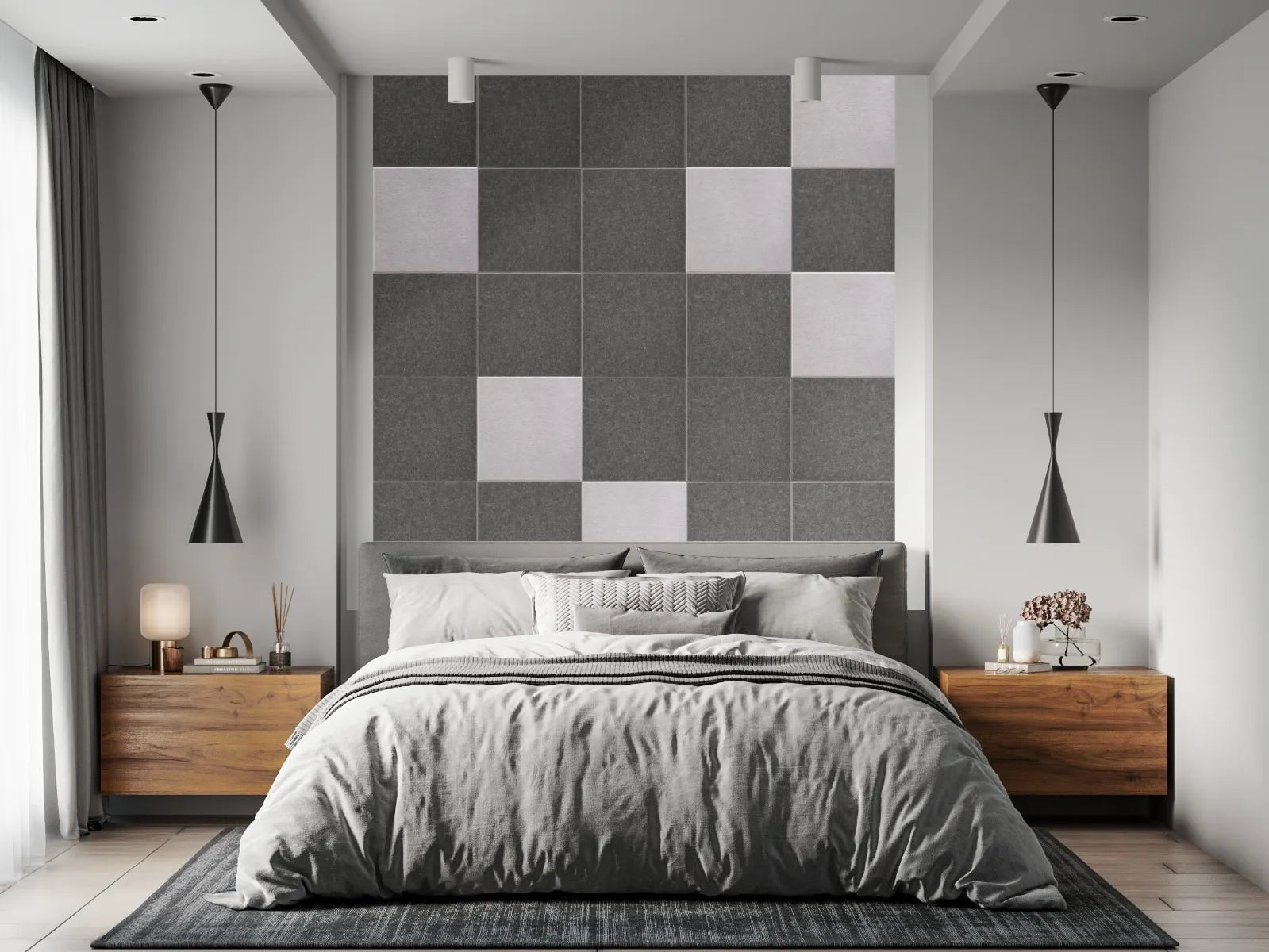 Decorative 3D PET Felt Wall Tiles - SQUARE 40x40 in grey colour bedroom interior Decormania.eu