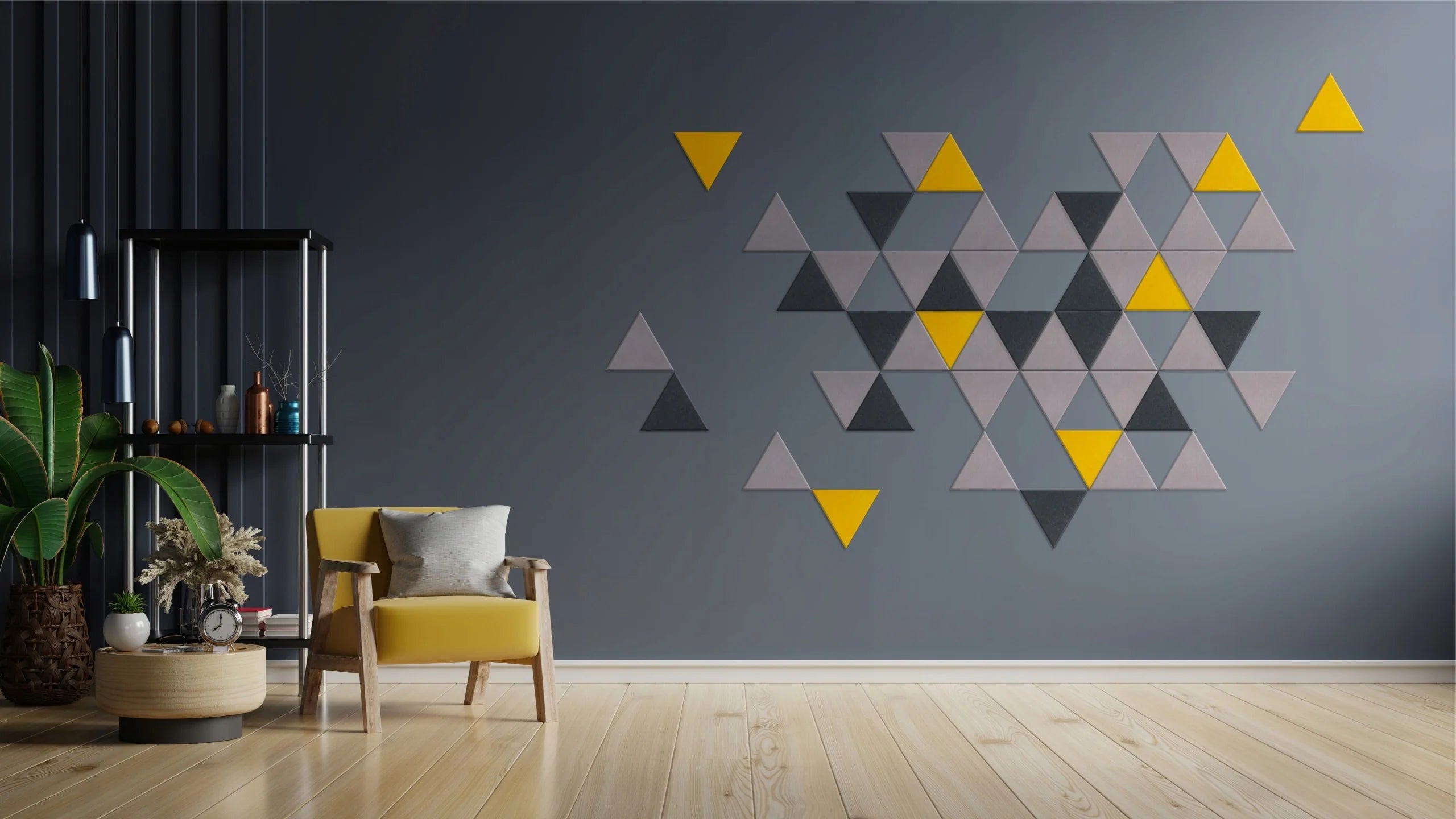 Decorative 3D PET Felt Wall Tiles - Triangle SMALL composinion of panels on dark grey wall Decormania.eu
