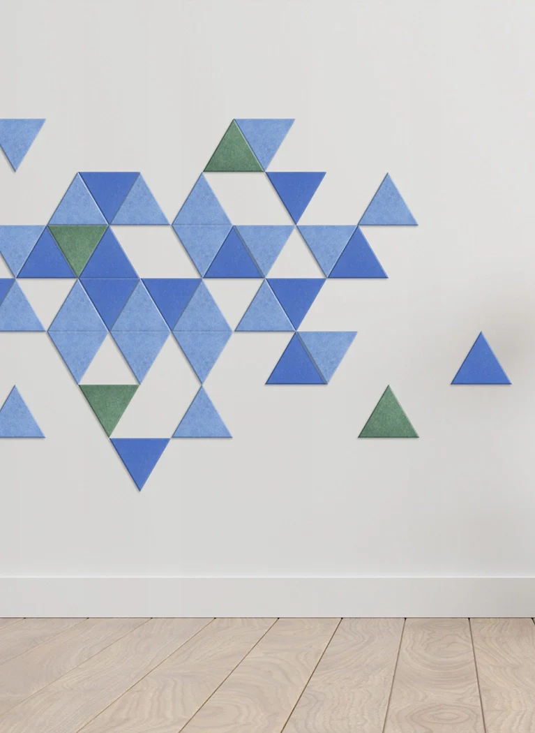 Decorative 3D PET Felt Wall Tiles - Triangle SMALL composition of blue and green panels on white wall Decormania.eu