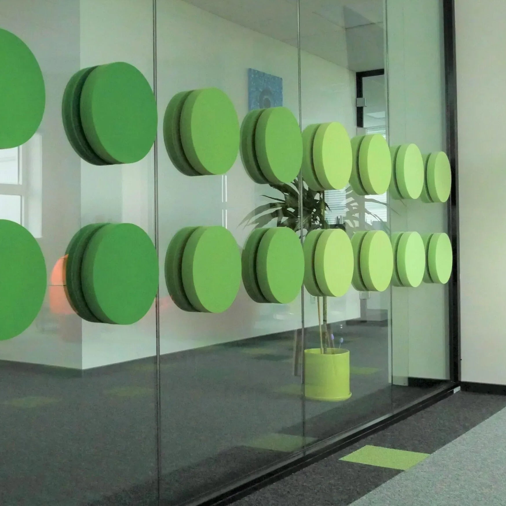Decorative Glass Wall Panels - Acoustic Dot L green composition in office interior DecorMania.eu