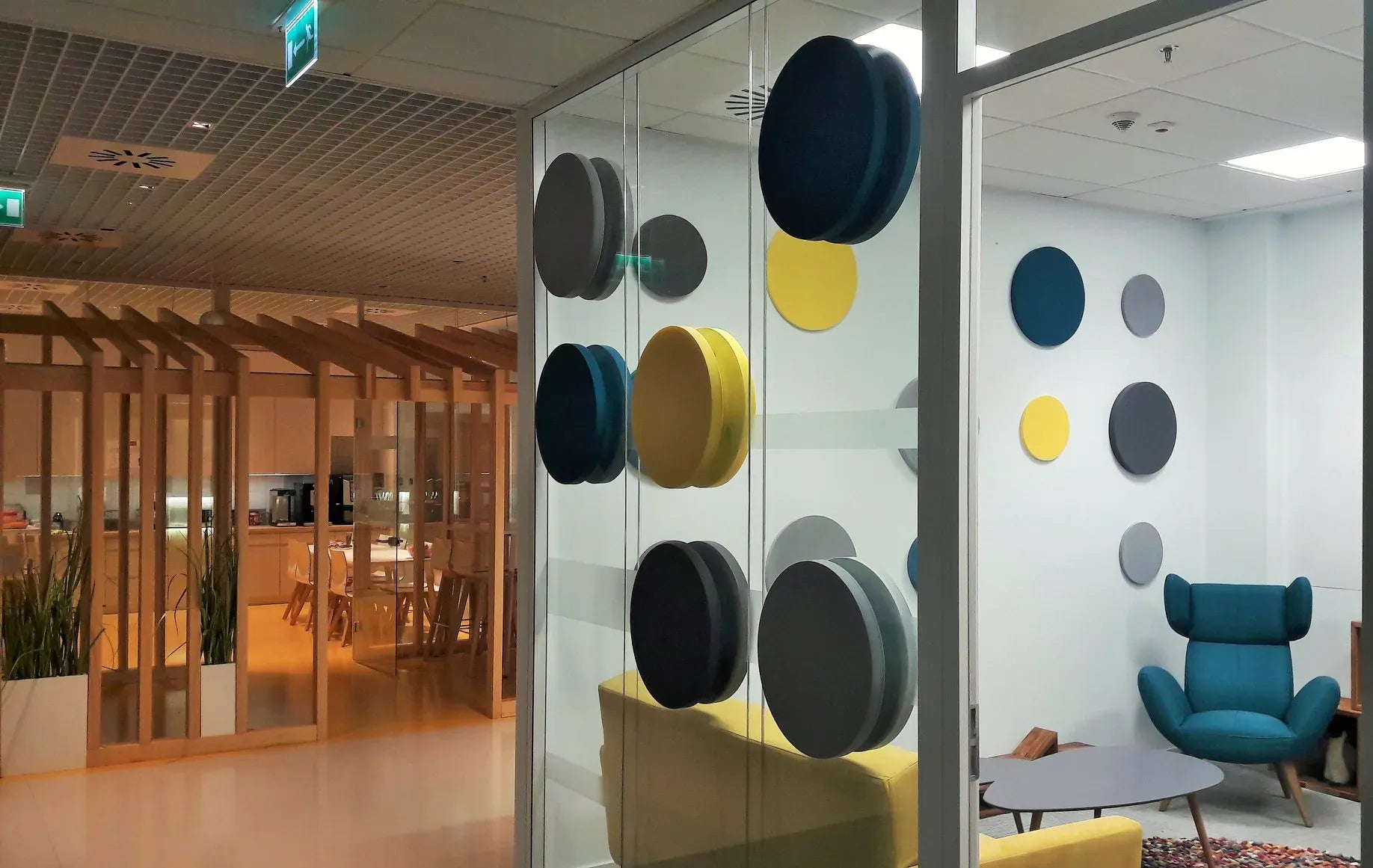 Decorative Glass Wall Panels - Acoustic Dot L blue yellow and grey composition DecorMania.eu