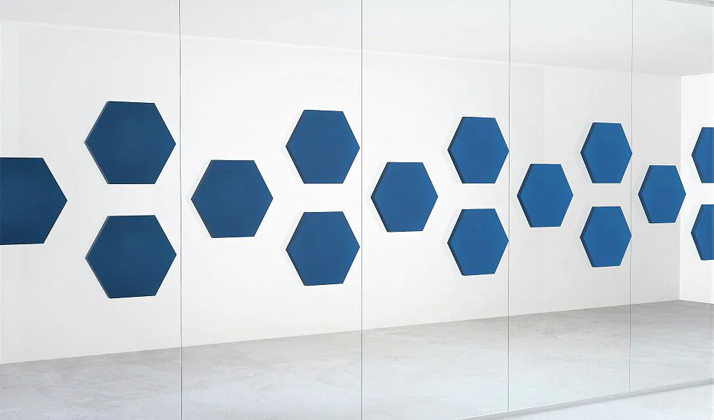 Decorative Glass Wall Panels - Acoustic Hexa L blue composition on white background DecorMania.eu