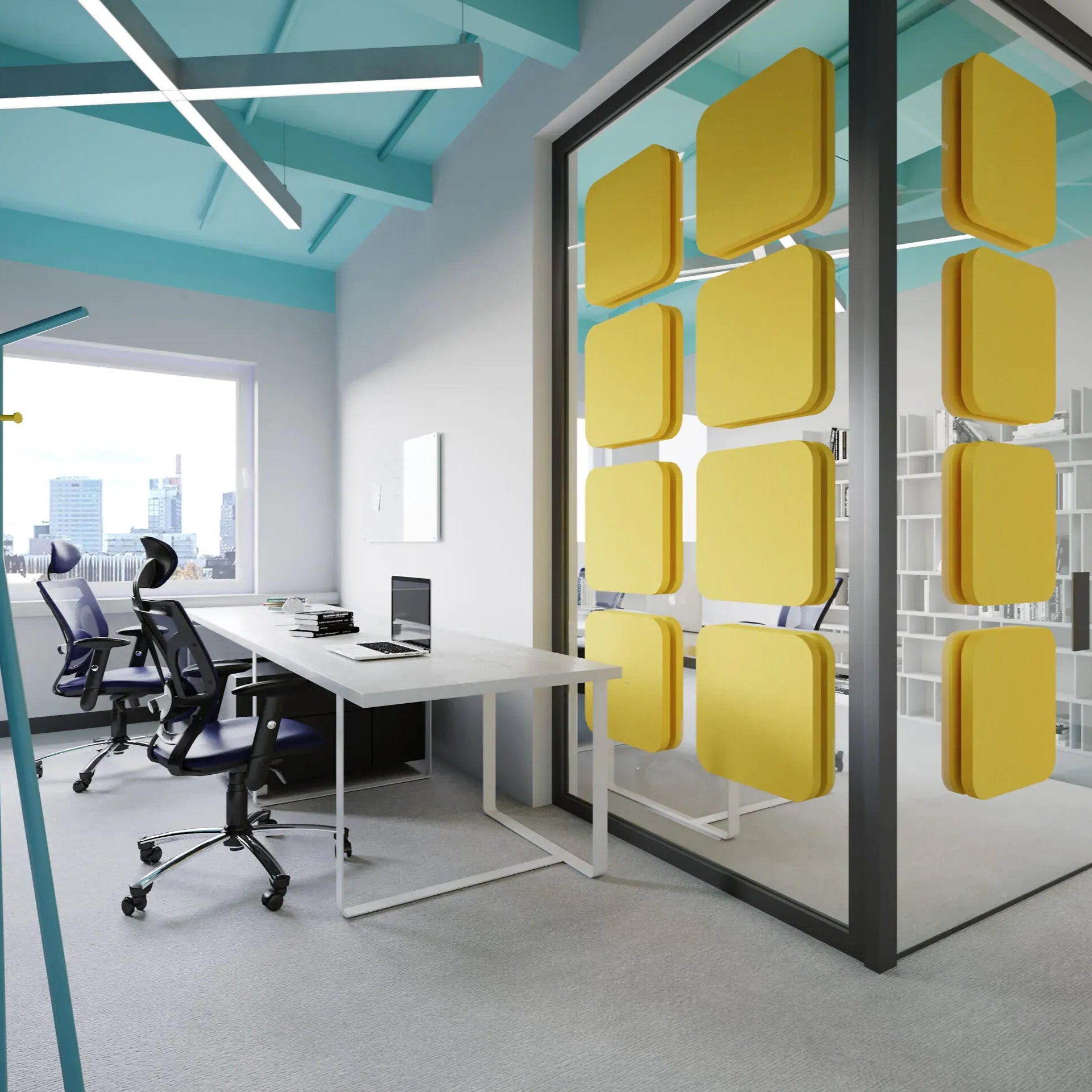Decorative Glass Wall Panels - Acoustic Pixel L in office interior DecorMania.eu