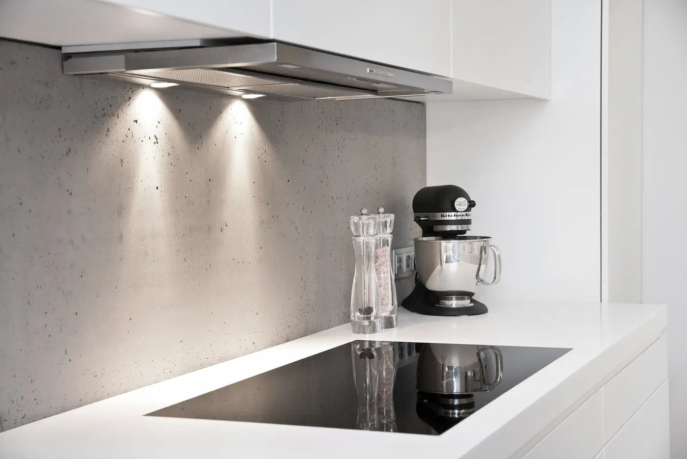 Decorative Industrial Concrete Wall Panels Interior NEUTRAL in the kitchen behind counter DecorMania.eu