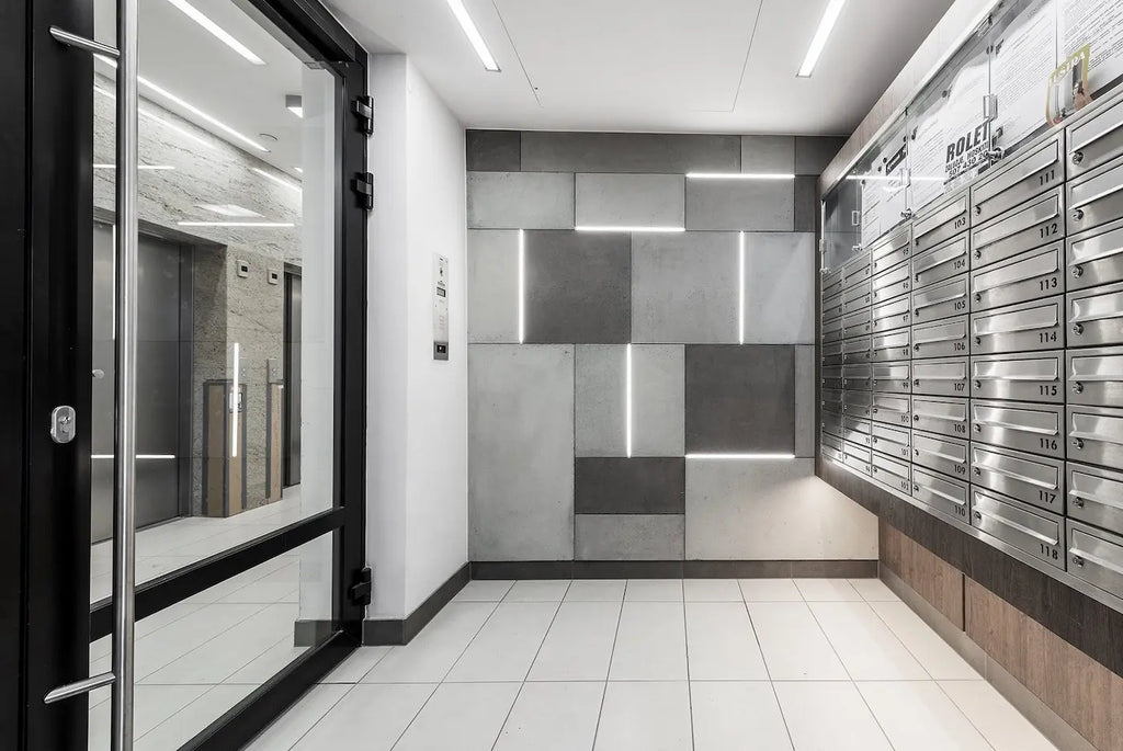 Decorative Industrial Concrete Wall Panels Interior NEUTRAL in the building hallway DecorMania.eu