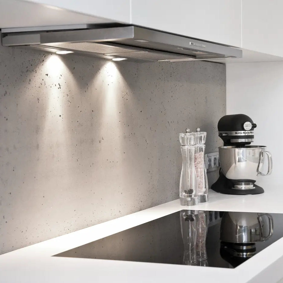 Decorative Industrial Concrete Wall Panels Interior WHITE in kitchen behind counter DecorMania.eu