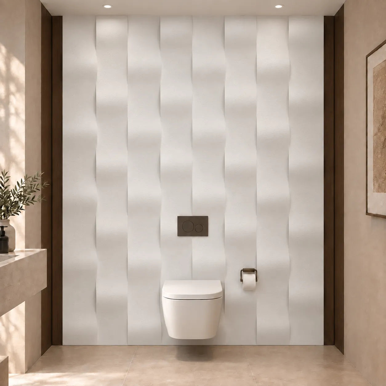Frontview af et moderne toilet med hvide Drop 3D-vægpaneler i gips indrammet af mørkt træ