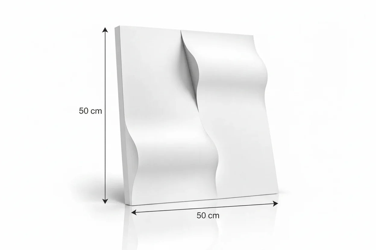 Hvidt Drop 3D-vægpanel i gips med bølgerelief og mål, der viser 50 cm i højden og 50 cm i bredden