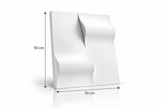Panneau mural 3D en plâtre blanc Drop avec relief ondulé et indications de dimensions de 50 cm de hauteur et 50 cm de largeur
