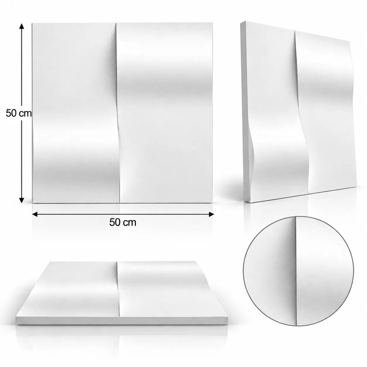 Drop 3D-vægpanel i gips vist fra flere vinkler, med målene 50 cm x 50 cm og en detaljevisning af relieffet