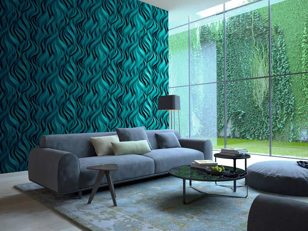 FLAMES Polystyrene Wall Art – 3D Decorative Panels in teal nad grey interior DecorMania.eu