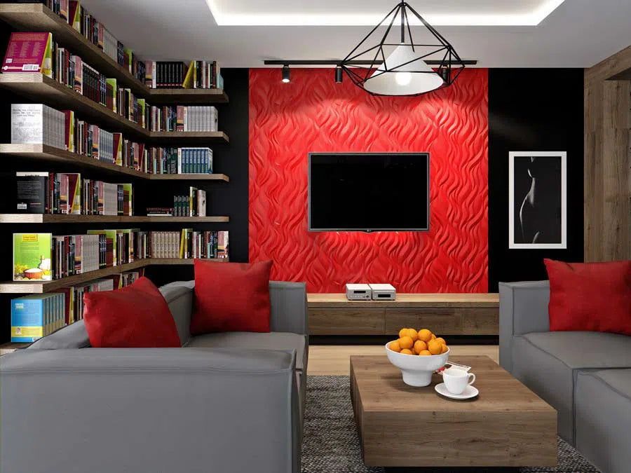 FLAMES Polystyrene Wall Art – 3D Decorative Panels as red accent on black wall DecorMania.eu