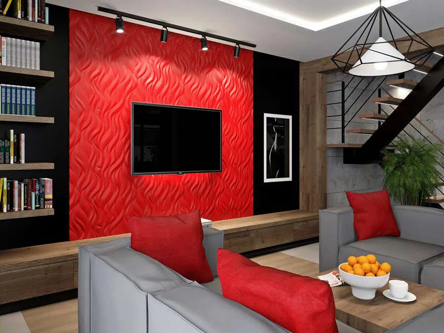 FLAMES Polystyrene Wall Art – 3D Decorative Panels as red accent wall in living room interior DecorMania.eu