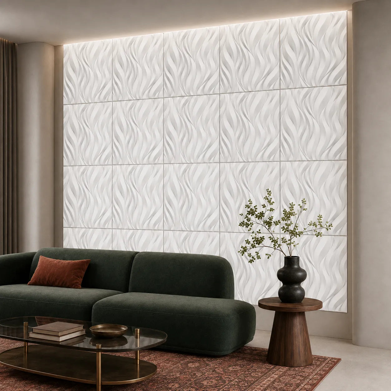 White 3D flame-effect polystyrene wall panels behind a dark green sofa in a modern living room