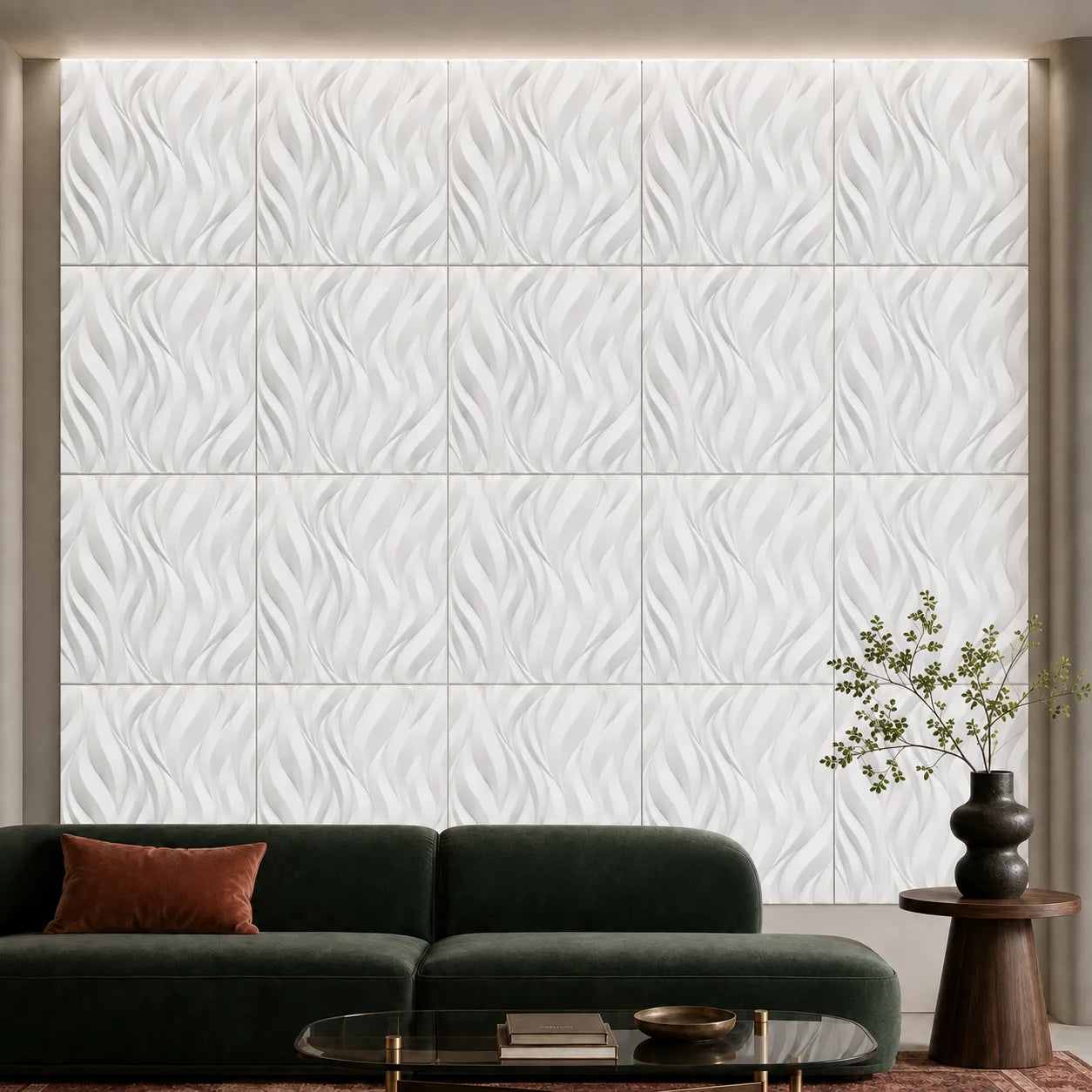 White flame-pattern 3D polystyrene wall panels creating a feature wall in an elegant contemporary living room