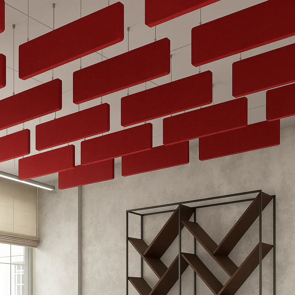 Felt Ceiling Acoustic Baffles - RECTANGLE ROUNDED red panels in office interior Decormania EU