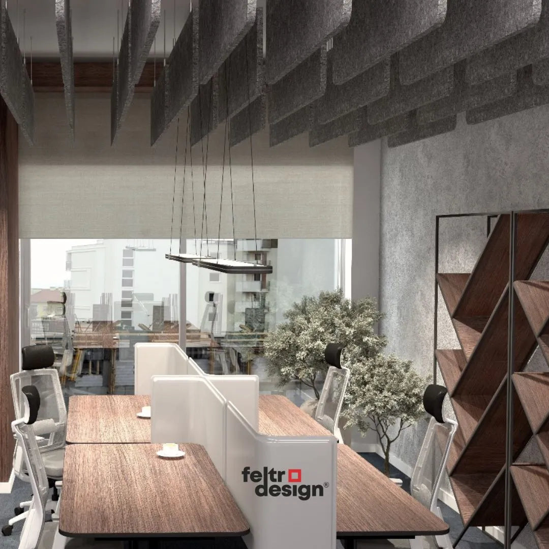 Felt Ceiling Acoustic Baffles - RECTANGLE ROUNDED grey in office interior Decormania EU