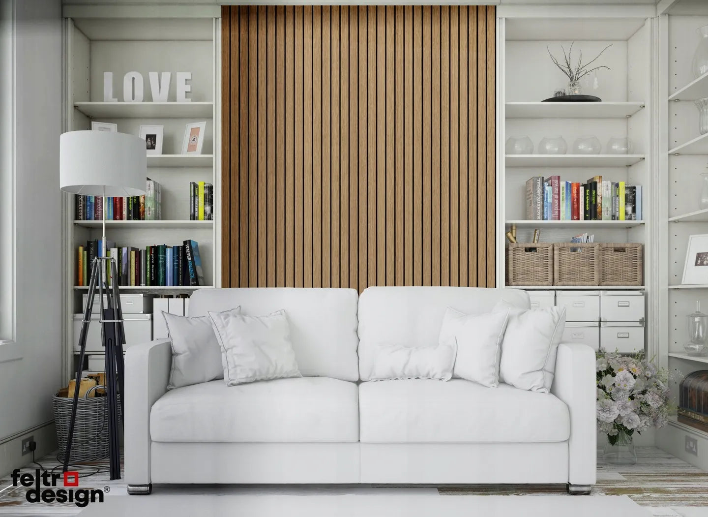 Felt Slatted Acoustic Wall Panels 4 feature wall in living room interior DecorMania EU