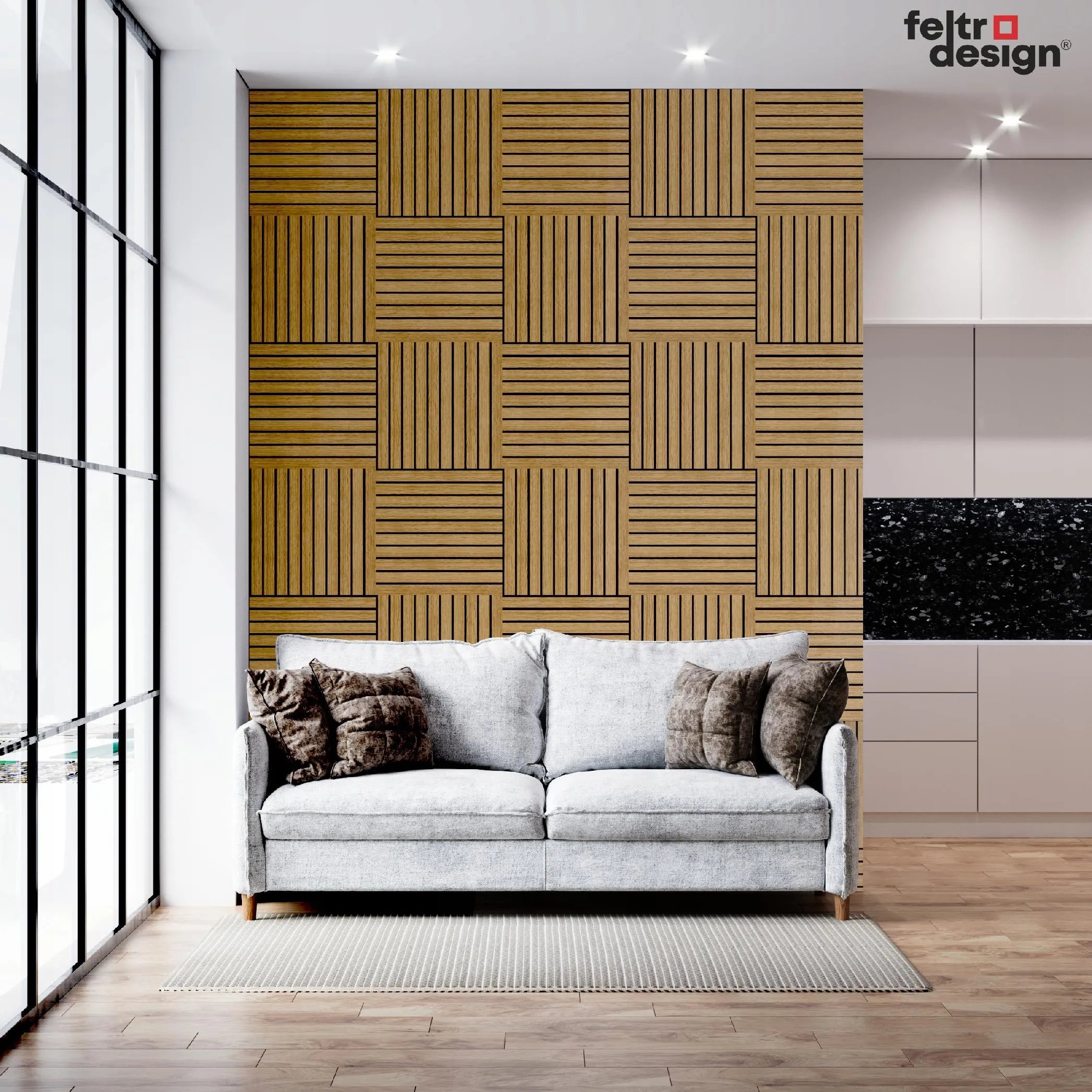 Felt Slatted Acoustic Wall Panels 4 feature wall in living room interior DecorMania EU