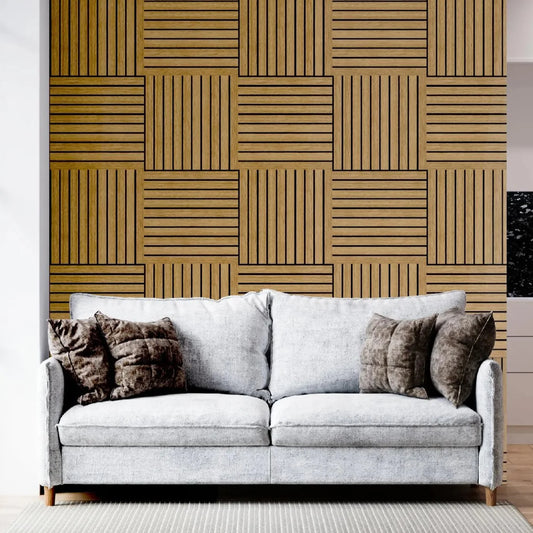 Felt Slatted Acoustic Wall Panels 4 in living room interior behind white couch DecorMania UK