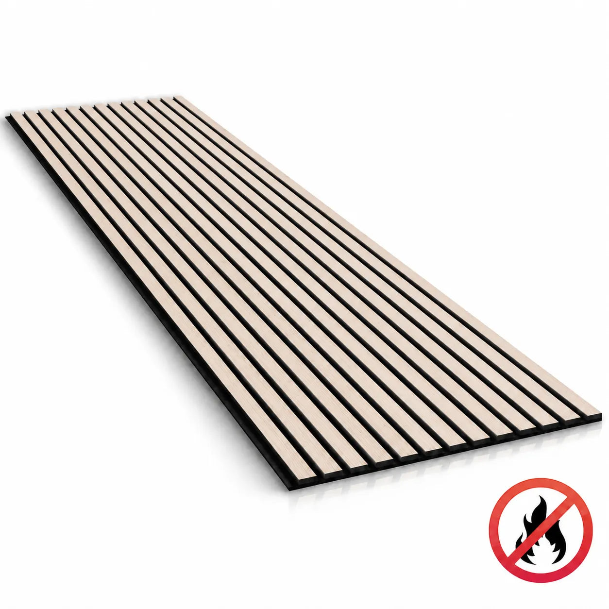 Full bleached oak acoustic slat wall panel with evenly spaced light wood-effect slats and black backing