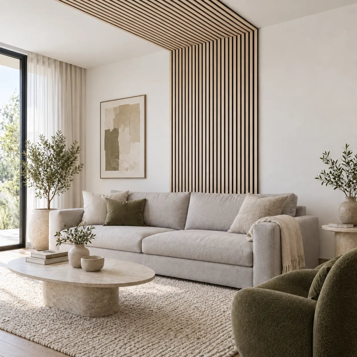 Modern living room with bleached oak acoustic slat panels installed across a feature wall and ceiling