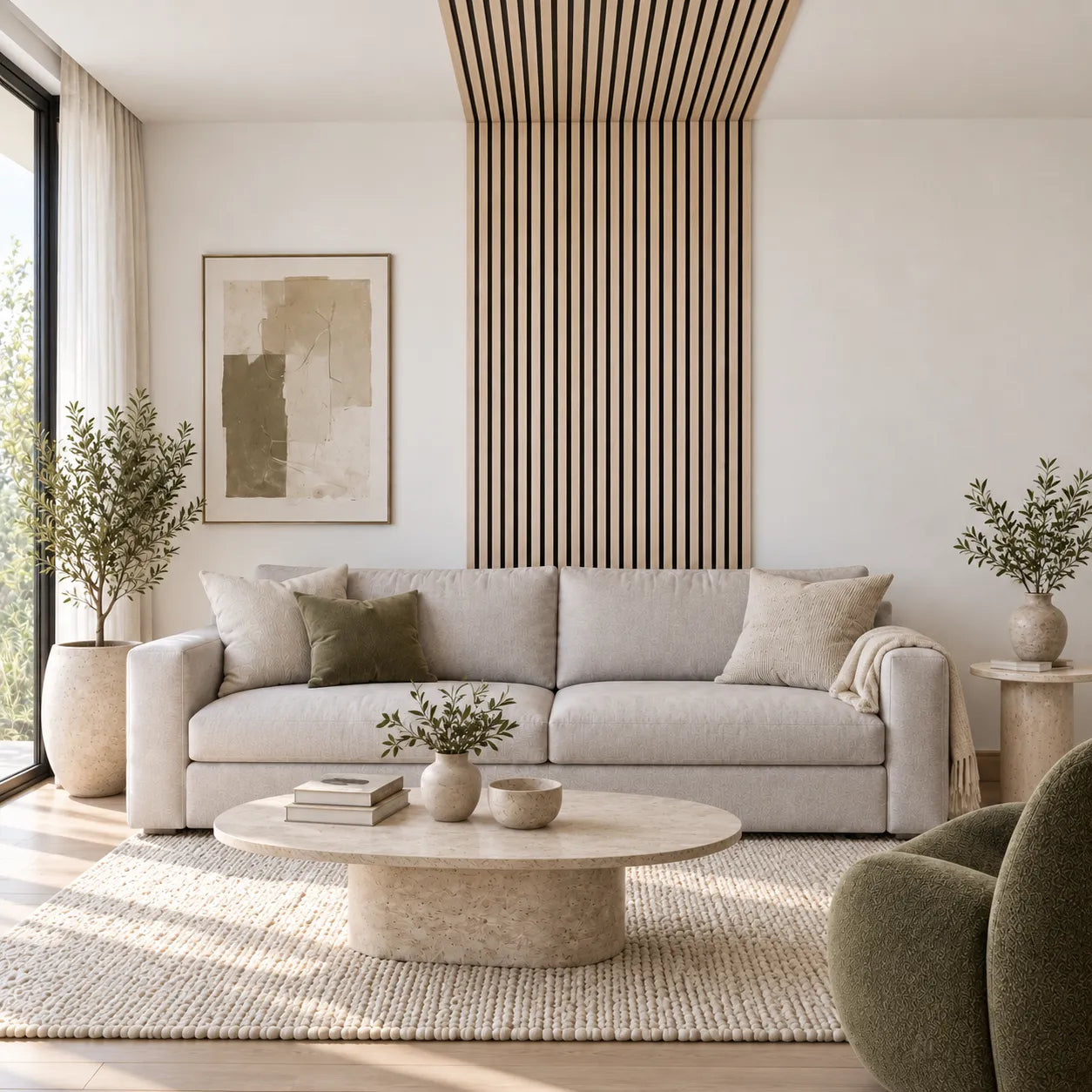 Bright contemporary living room with vertical bleached oak acoustic slat panels extending from the wall onto the ceiling