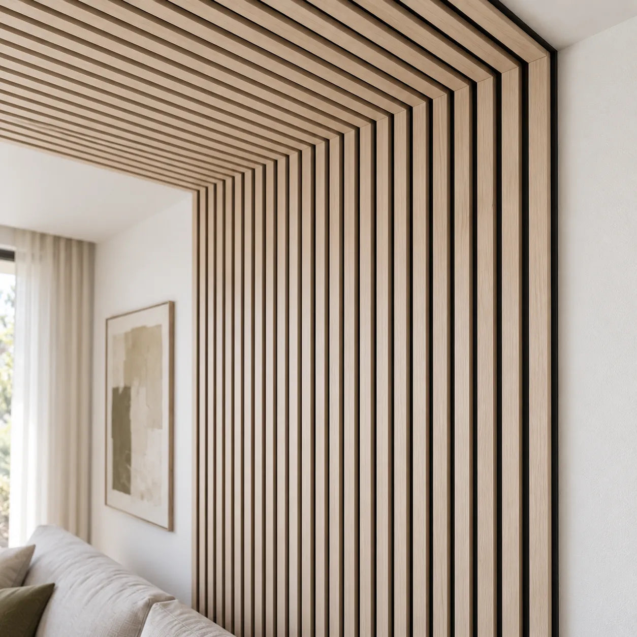 Close-up interior view of bleached oak acoustic slat panels wrapping from a feature wall onto the ceiling