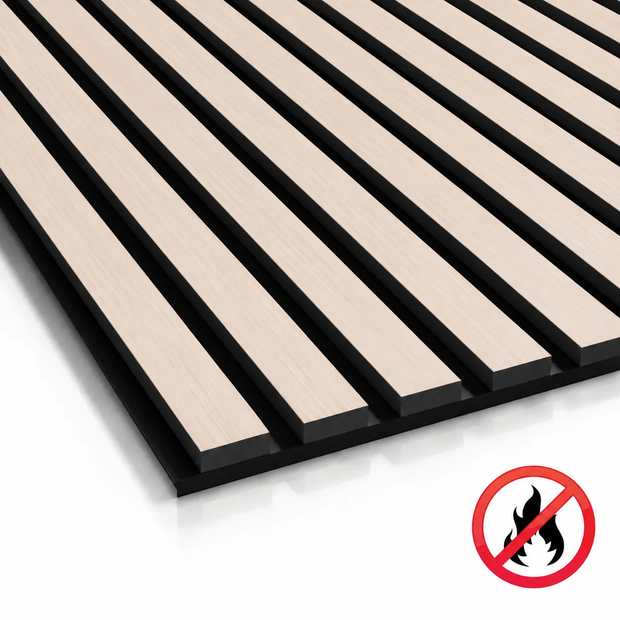 Close-up of bleached oak acoustic slat wall panel with light wood-effect slats on a black backing