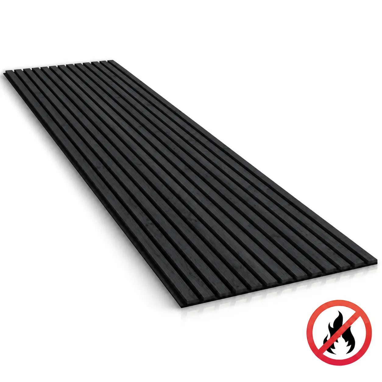 Charcoal acoustic slat wall panel with dark wood-effect slats on a black backing