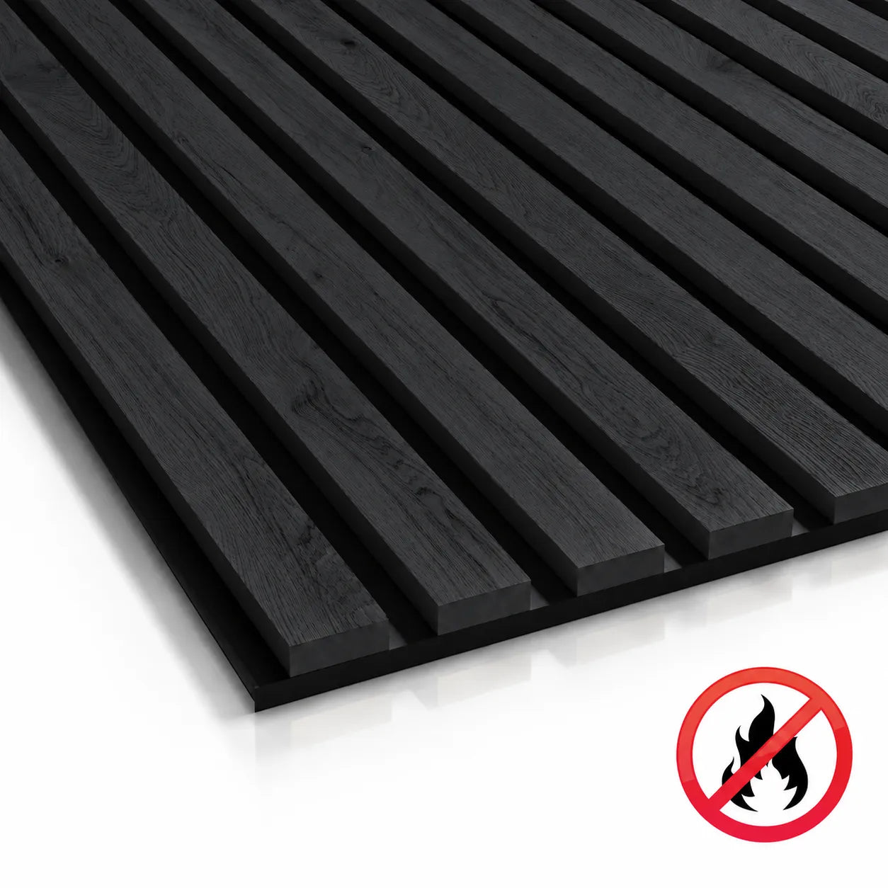 Close-up of charcoal acoustic slat wall panel showing dark wood grain, evenly spaced slats and black backing
