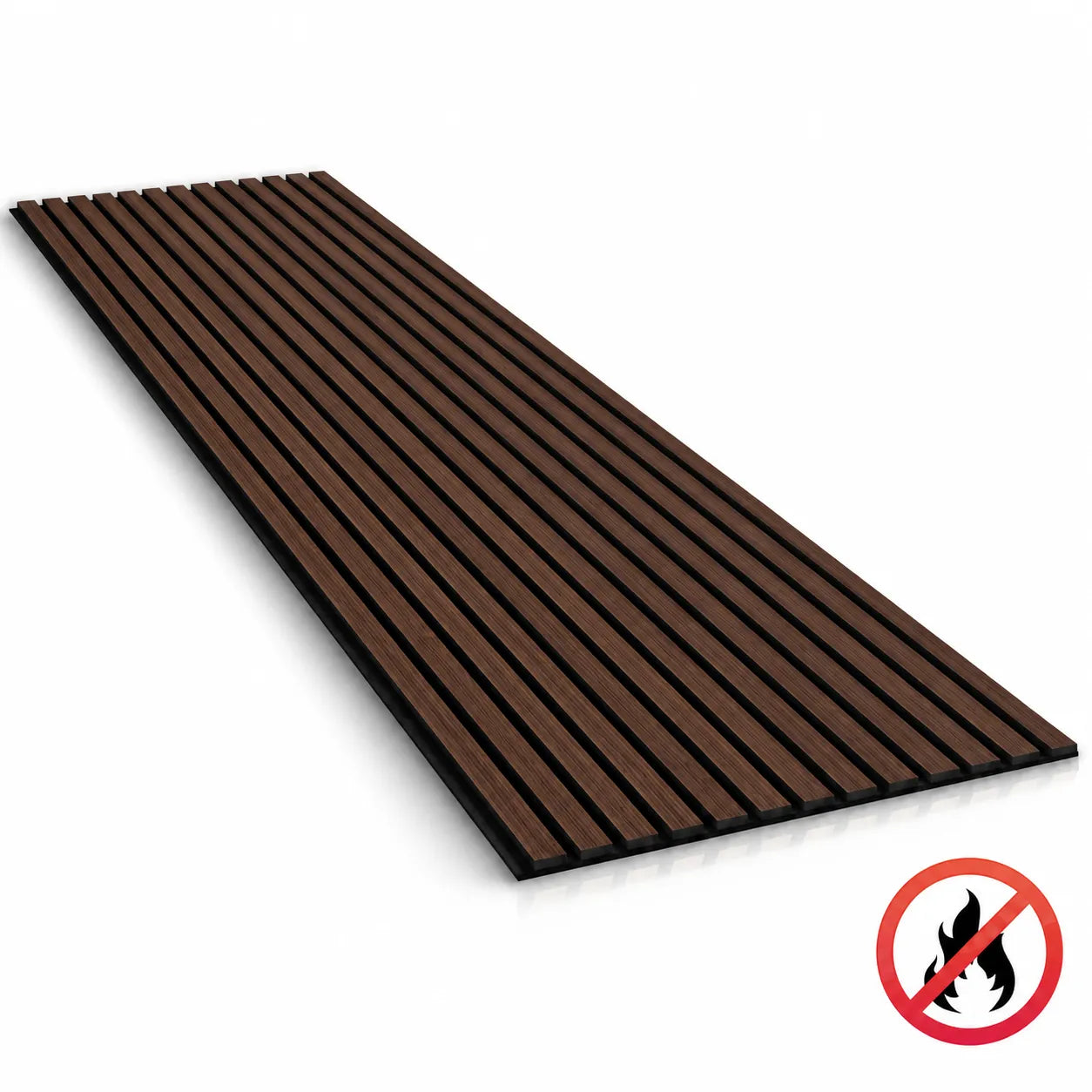 Full chestnut acoustic slat wall panel viewed at an angle on a white background with a subtle reflection and crossed flame symbol