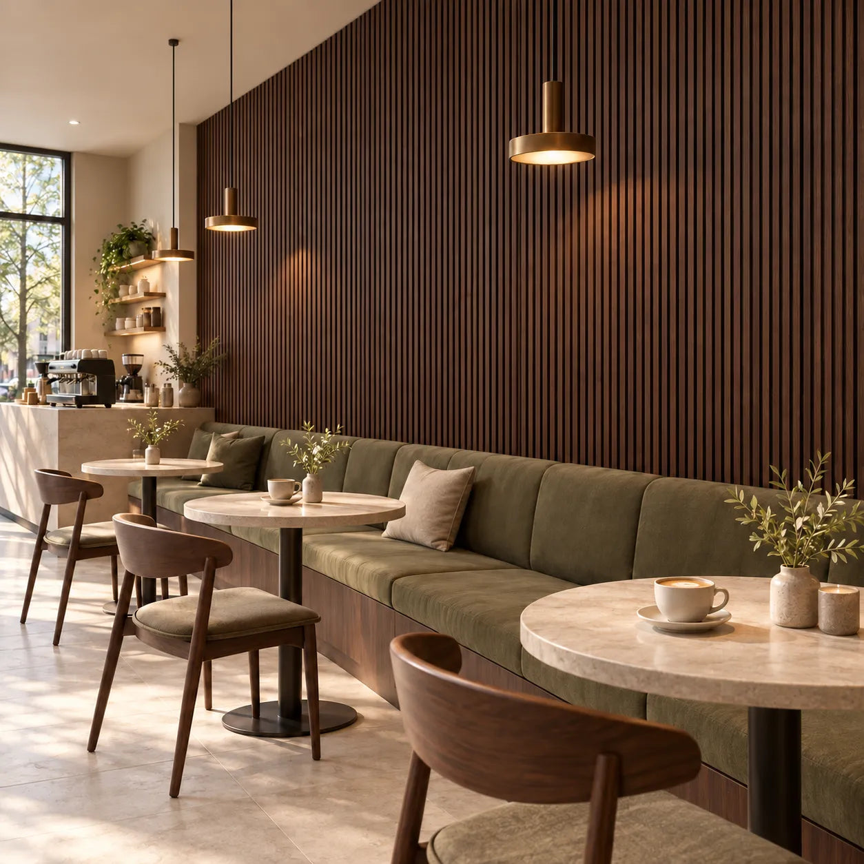 Chestnut acoustic slat wall panels in a cosy cafe with olive seating and stone tables, viewed from the right.