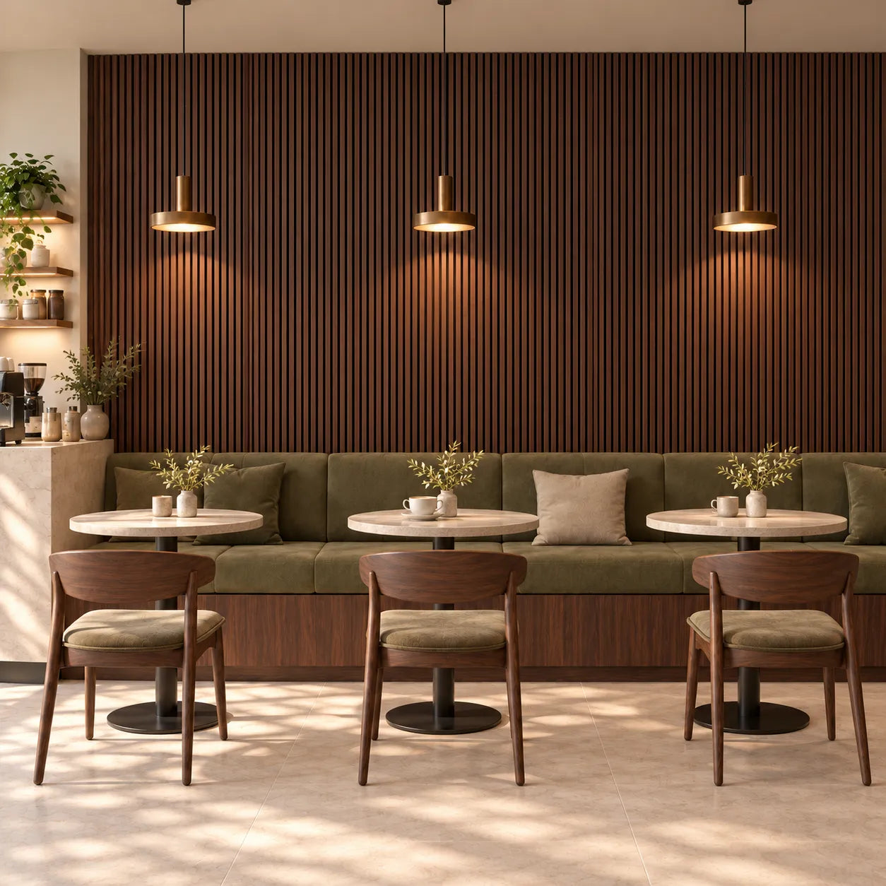 Front view of chestnut acoustic slat wall panels behind olive seating, with brass pendant lights and round cafe tables
