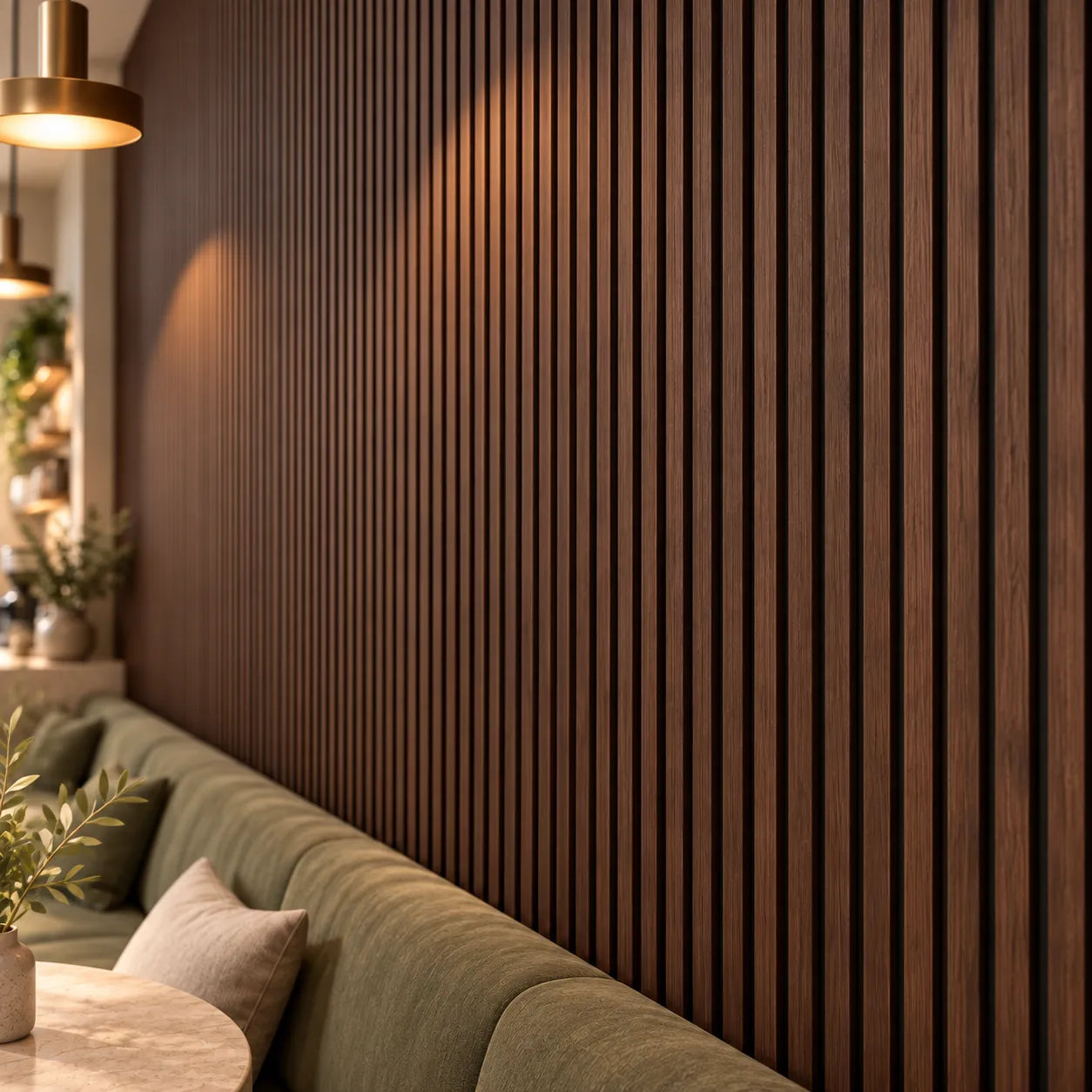 Close up of narrow chestnut acoustic wall slats showing wood grain and black backing above an olive cafe bench