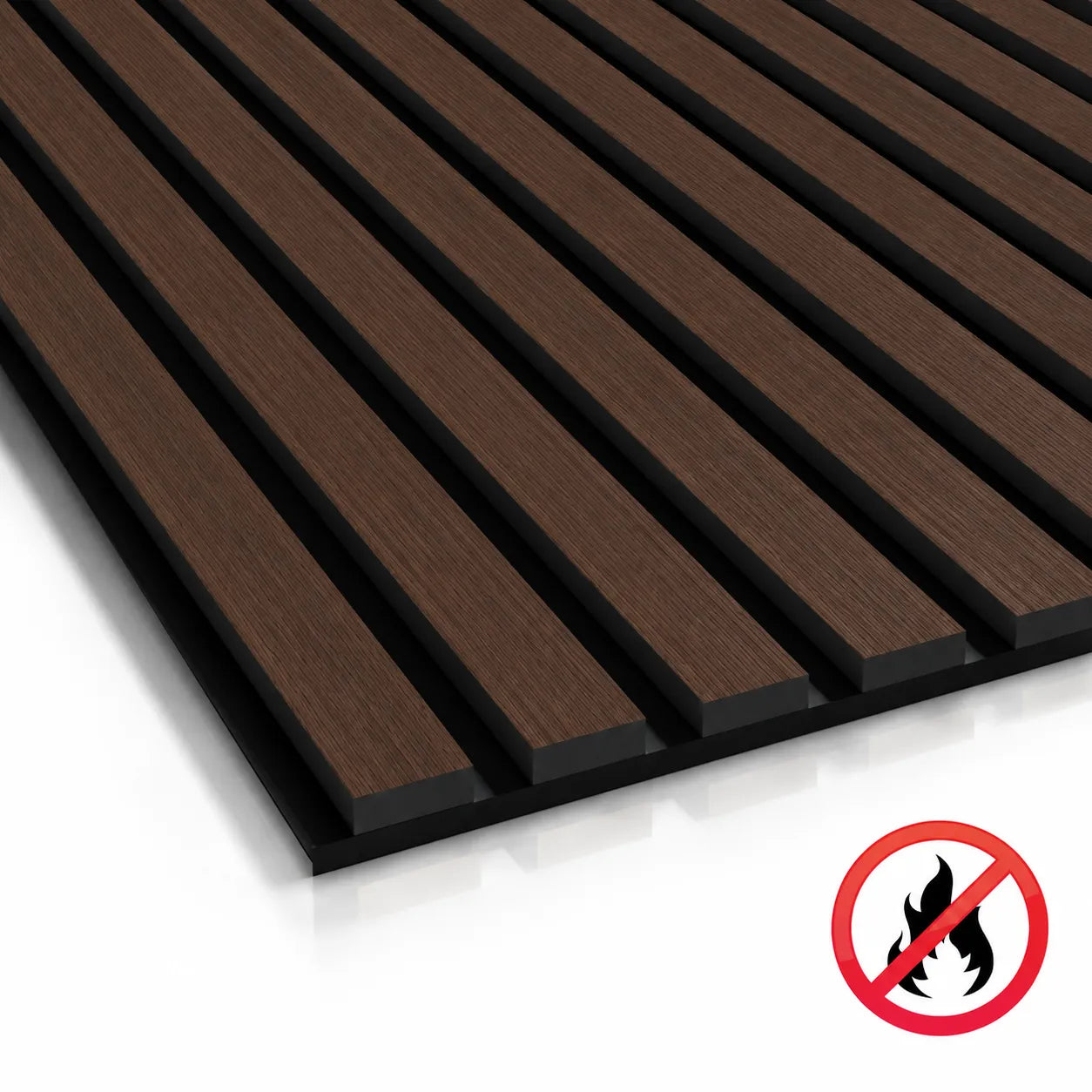 Close up of chestnut acoustic wall slats showing fine wood grain, black backing and a crossed flame symbol