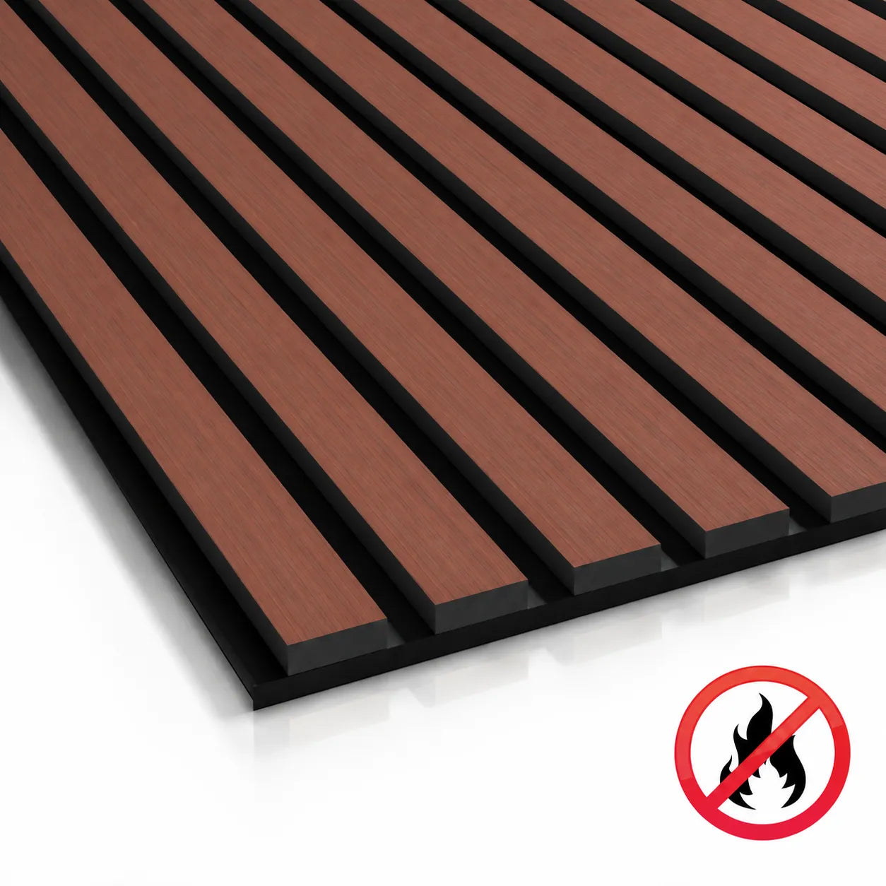 Fire Rated Veneered Slat Panels in Mahogany with black acoustic felt